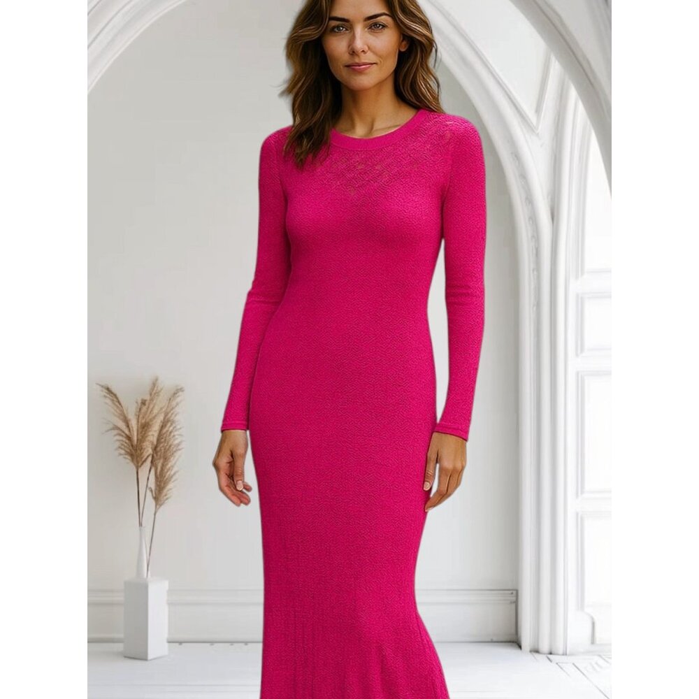 Day Sz M Long Sleeve Maxi Crochet Pink Dress Womens Knit Crew Neck Beach